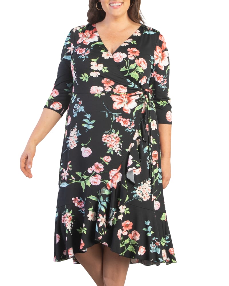 Front of a model wearing a size 0X Whimsy Ruffled Wrap Dress in MIDNIGHT MEADOW by Kiyonna. | dia_product_style_image_id:227581